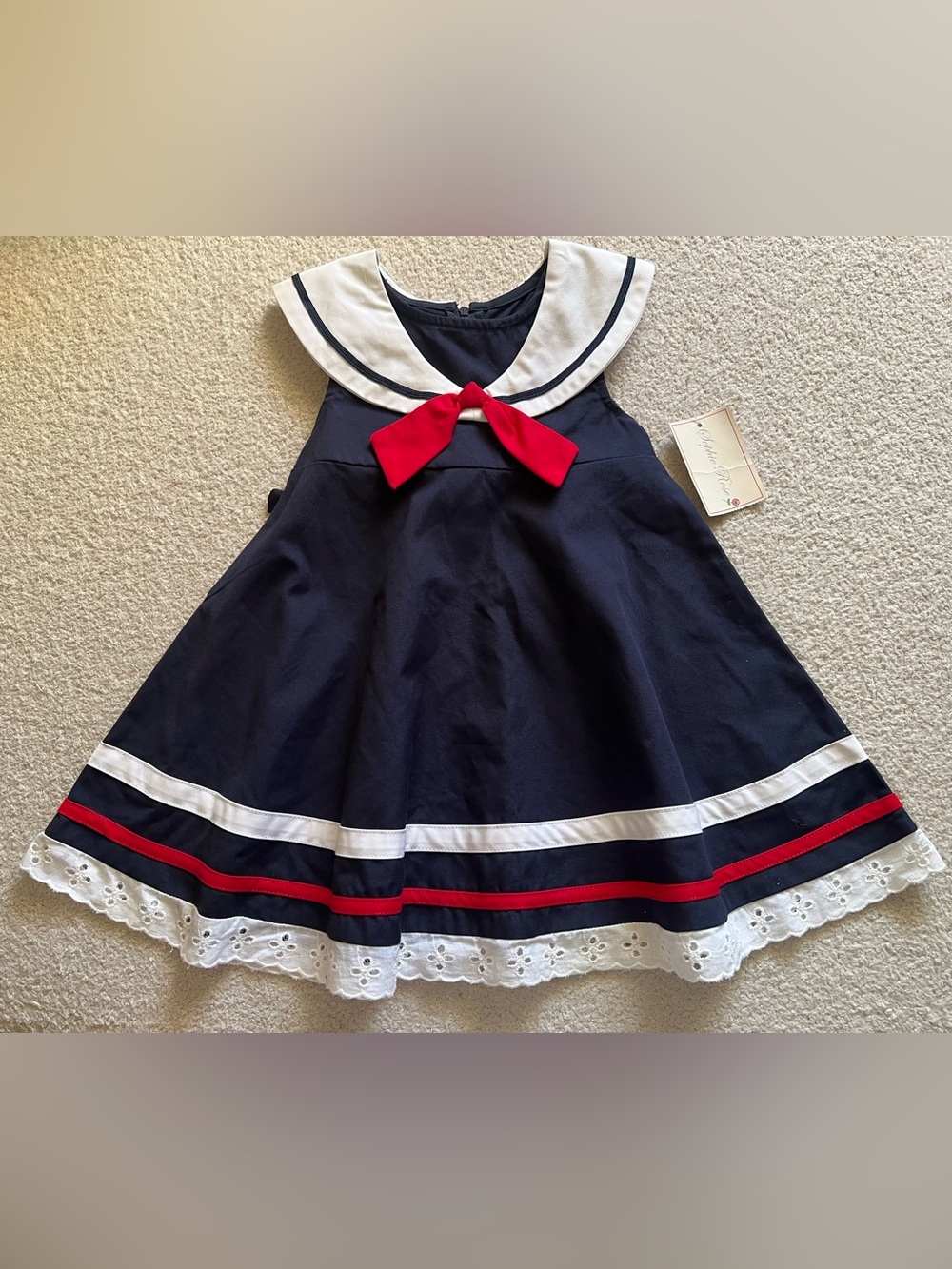 Navy Sailor-Style Kids Dress with Red Bow
